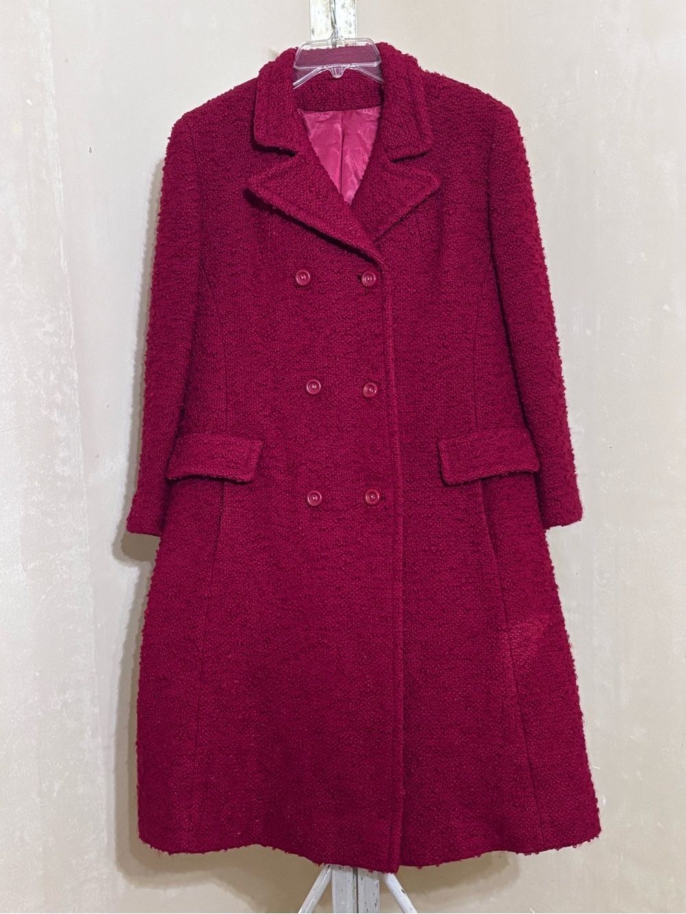 VTG 60s Lazarus Collegienne Shop Oxblood Boucle Wool Coat Double Breasted Long M